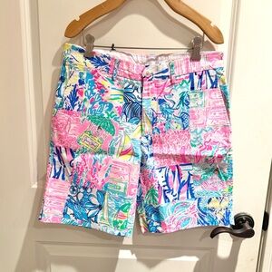 Men's Flat Front Patchwork Print Shorts in Pink Multi